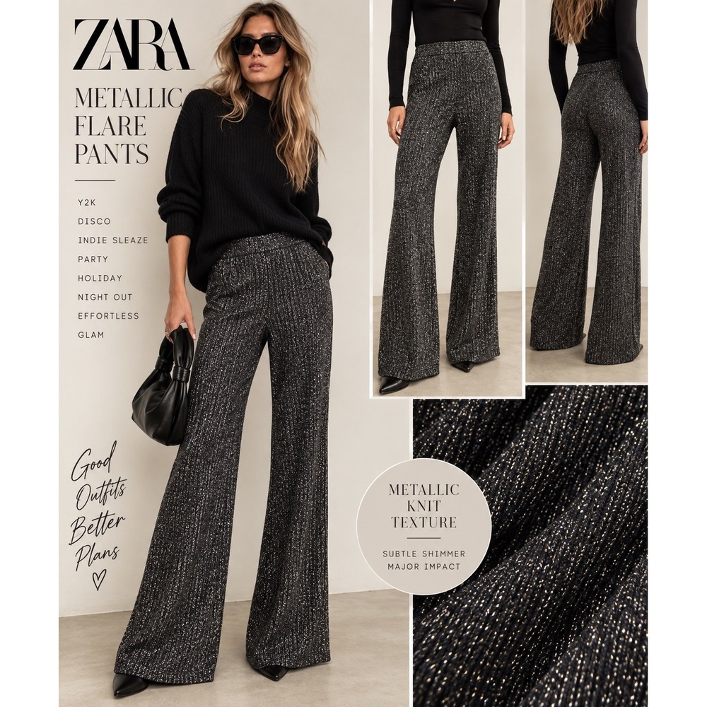 Zara Metallic Lurex Flare Pants S Y2K Disco Indie Sleaze Party